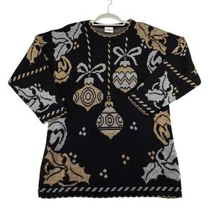 Holiday Time Vintage USA Christmas Sweater Women Medium Gold Silver Ornaments